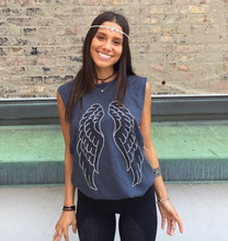 Load image into Gallery viewer, Girl wearing grey tank with silver and black wings. 