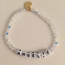 Load image into Gallery viewer, Picture of bracelet it says, &quot;ANGELIC&quot;, and has clear Swarovski crystals beads. 