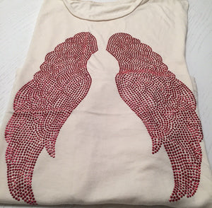 White tank with red wings laying flat on a white background. 