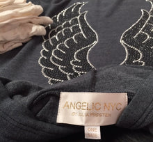 Load image into Gallery viewer, Picture of front and back of the sweatshirt. Grey hoodie with silver and black angel wings on the back. 