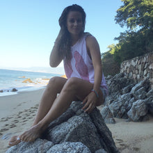 Load image into Gallery viewer, Beautiful glowing goddess Sophie Jaffe wearing our Sweetheart Tank (baby pink tank with red wings), on the beaches of Mexico. 